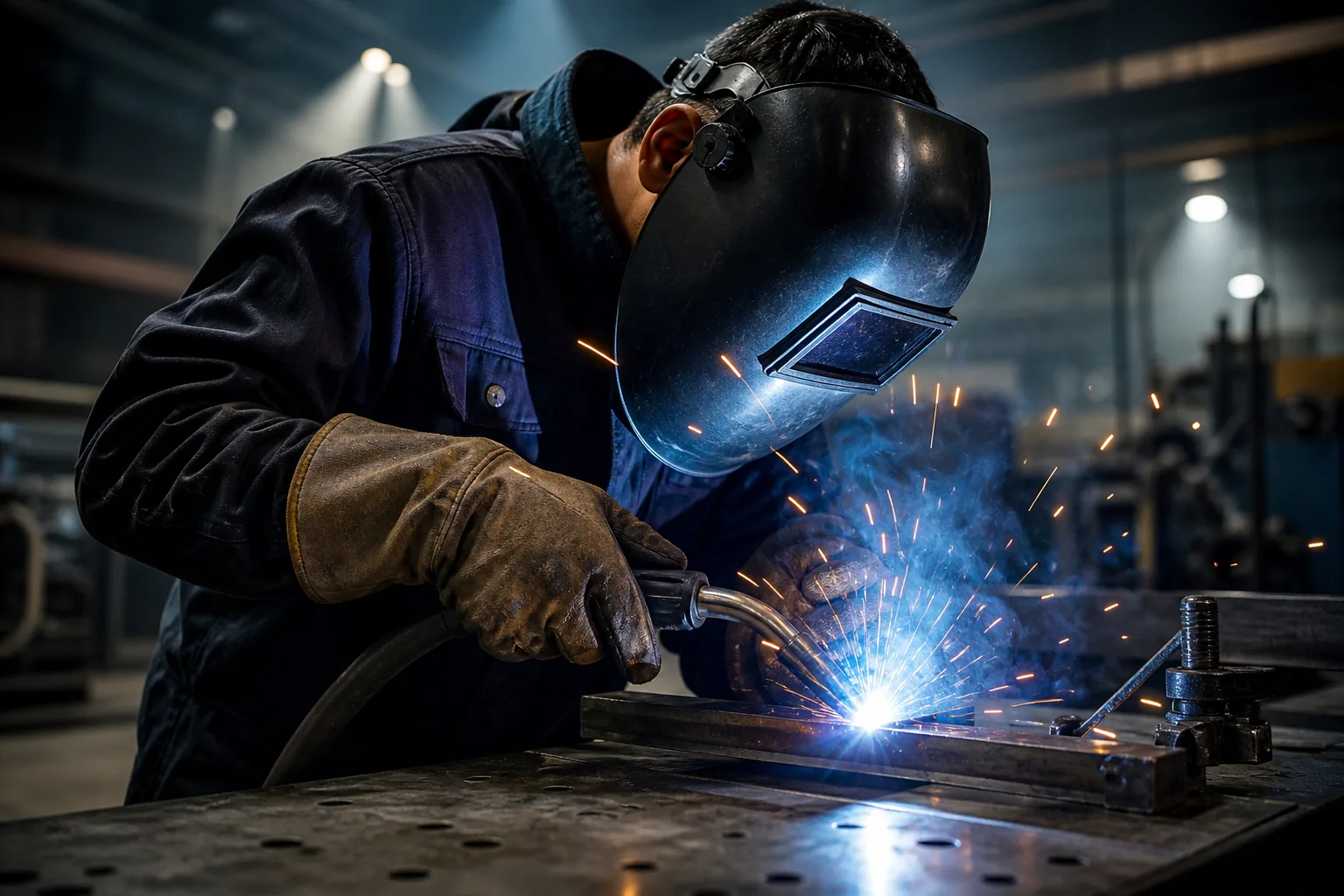 Professional welder working with industrial welding equipment